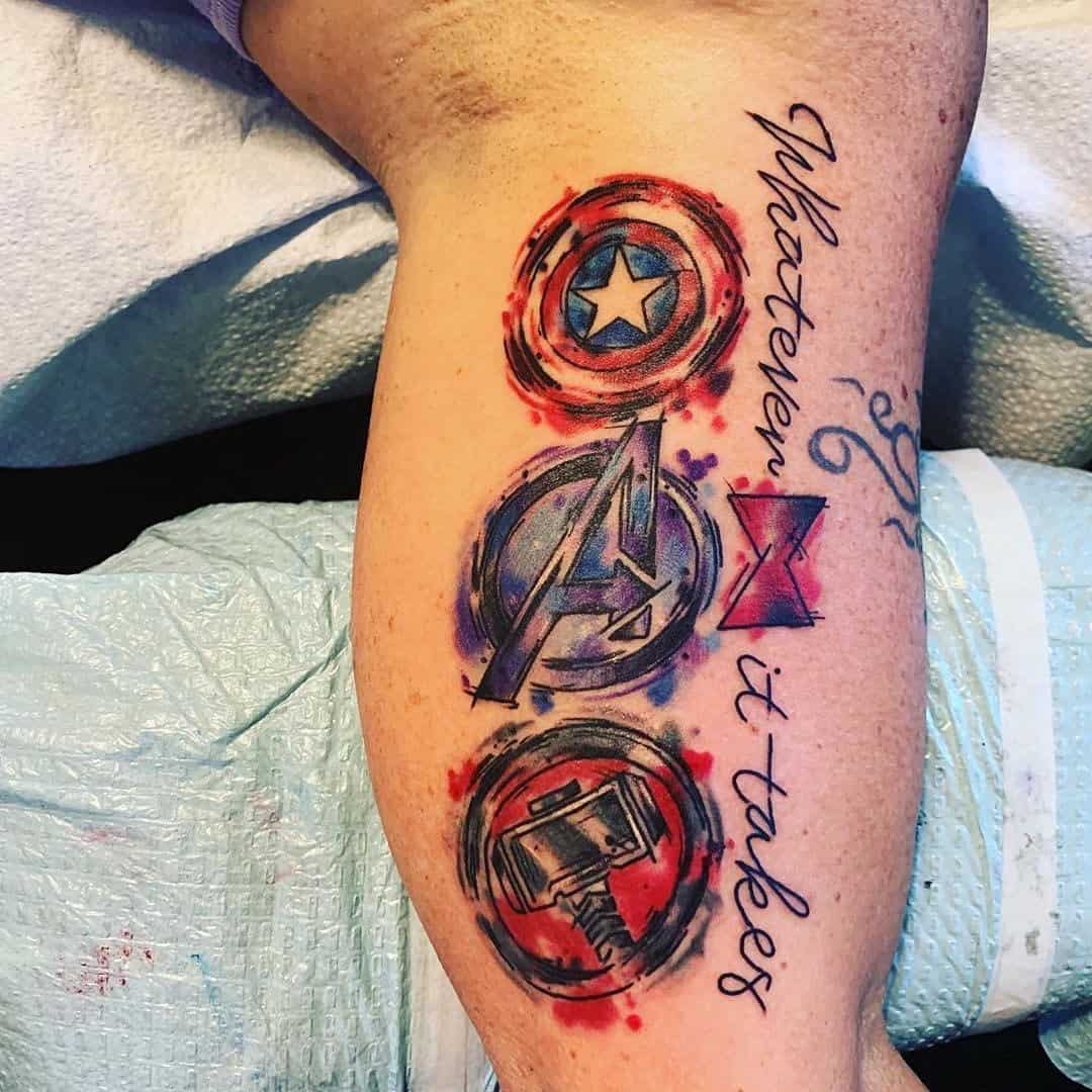 Avengers watercolor tattoo done by Ambrosia at Van Gogh Tattoos in Grand  Ledge, Michigan! : r/tattoos
